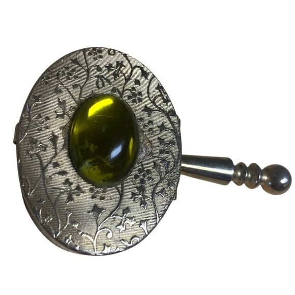 Unbranded Other - Vintage Pill Box Trinket Case Gold Tone Yellow/Green Cabochon Etched Floral